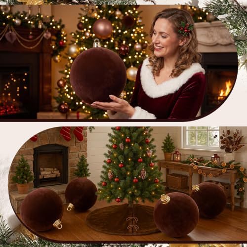 Threan 12 Inch Large Chololate Brown Christmas Ball Ornaments Giant Oversized Plastic Velvet Brown Christmas Ball Decoration Shatterproof UV Hanging Ornament for Xmas Tree Outdoor Indoor Hanging Decor
