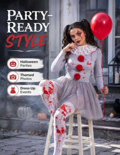 Women Halloween Scary Clown Costume with Bloody Tutu Dress and Face Gems