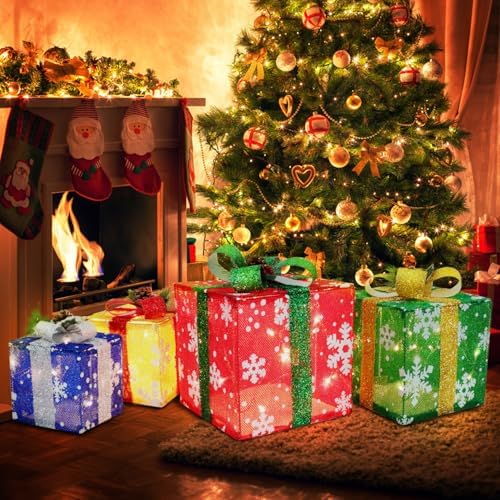 DomKom Set of 4 Christmas Lighted Gift Boxes, 70 Led Light Up Colorful Iron Frame Present Box with Pine Cones Bows for Xmas Tree Party Yard Holiday Indoor Outdoor Decoration