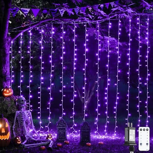 JMEXSUSS 300LED Purple Halloween Lights, 9.8x9.8ft Curtain Lights Plug in