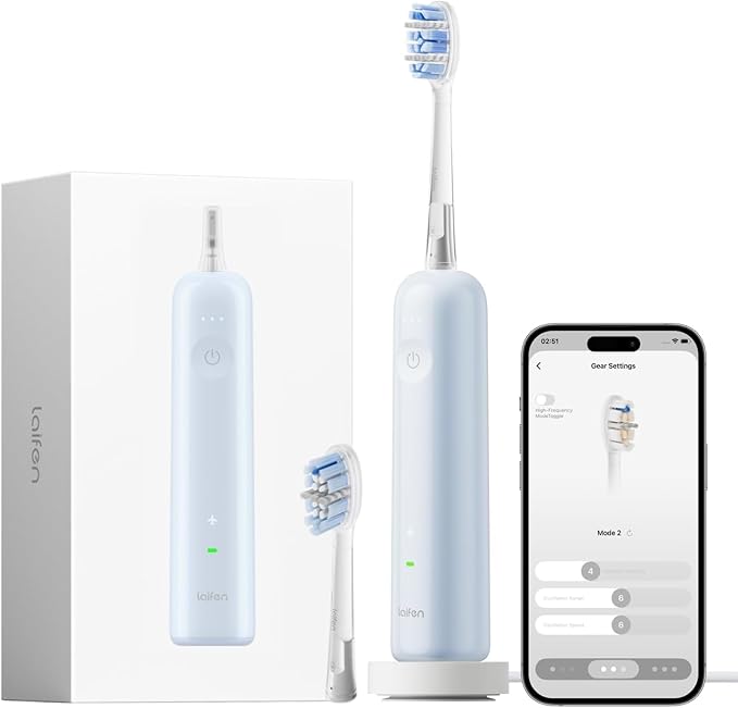 Laifen Wave Pro Sonic Electric Toothbrush for Adults – 2026 Model, 60° Oscillations for Ultra-Clean, Smart App, 70-Day Battery, 2 Brush Heads, IPX8 Waterproof (Blue ABS)