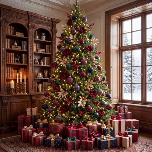 12 Pcs Plaid Christmas Ball Ornaments 2.36 Inch Green Blue Burgundy Balls