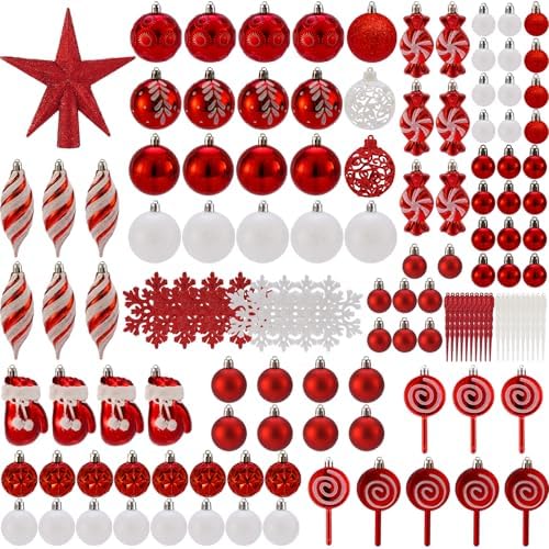 130 Pcs Red & White Christmas Ball Ornaments, Shatterproof | Assorted Christmas Tree Decorations with Matte, Glitter and Shiny Finishes, Hanging Loops for Wreaths and Garlands