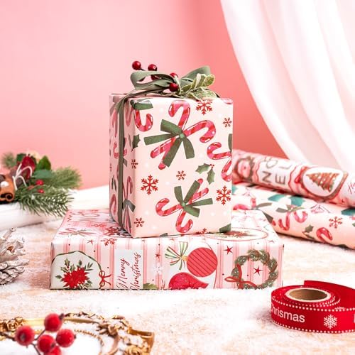 WRAPAHOLIC 30 Inch Christmas Wrapping Paper Roll - Jumbo Roll Red and Green Christmas Decor, Candy Canes, Holly and Bow Wrapping Paper - 4 Rolls - 30 Inch x 120 Inch Per Roll