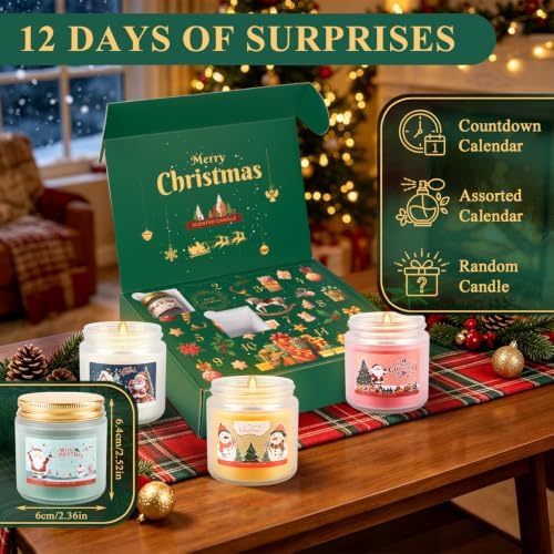 Candle Advent Calendar 2026, 12 Days of Christmas Countdown Candles, Festive Scented Soy Wax Gift Set, Holiday Aromatherapy Candles for Women, Christmas Decor