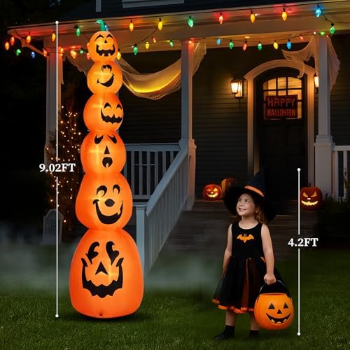 Outvita Halloween Inflatable Stacked Pumpkins 9FT, Blow Up Outdoor Decoration with 6 Pumpkins & LEDs, Halloween Decor for Yard, Party, Garden