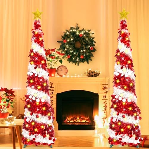 HISFFOG 5FT Pop Up Christmas Tree with 8 Rmote Lights Modes - Dual Color Sequin Tinsel Christmas Tree, Collapsible Artificial Pencil Christmas Trees Decorations for Home, Apartment, Office, Party