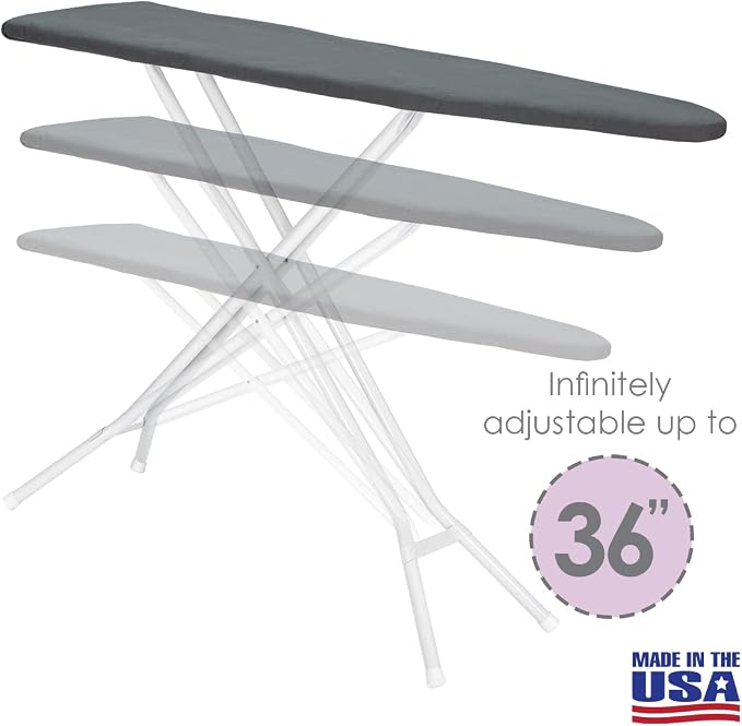 Full Size Ironing Board Made in USA – Dark Grey by Seymour Home Products 4 Heavy-Duty Steel Legs Perforated Top for Steam Includes Cover & Pad Sturdy, Foldable Iron Board for Home & Laundry