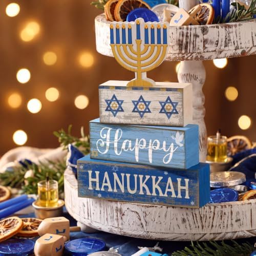 Lineshading 4 Pcs Hanukkah Table Decor for Home, Wooden Menorah Block Signs