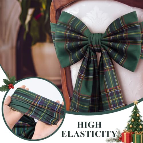 Thiccywoov 4 Pcs Christmas Chair Bows Decorations 25 x 14 in, Green Tartan
