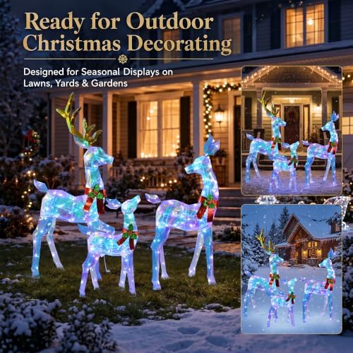 48" 3-Piece 2.5D Colorful Lighted Christmas Deer Family Outdoor Decorations, Clear-Look Reindeer Set with 145 Lights, Gold Antlers, Stakes and Zip Ties for Yard Lawn Porch Garden Holiday Decor