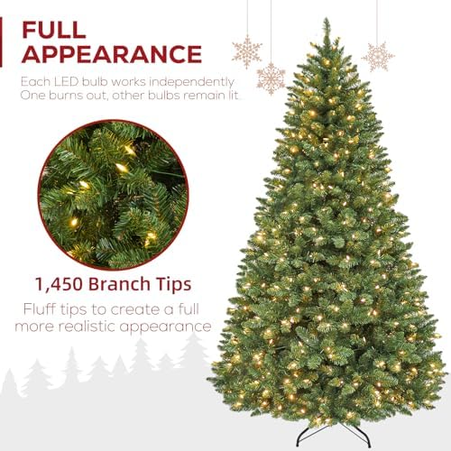 Hykolity 7.5 ft Prelit Christmas Tree with 1,450 Branch Tips, 450 Warm White Led Lights, Hinged Design and Sturdy Metal Stand