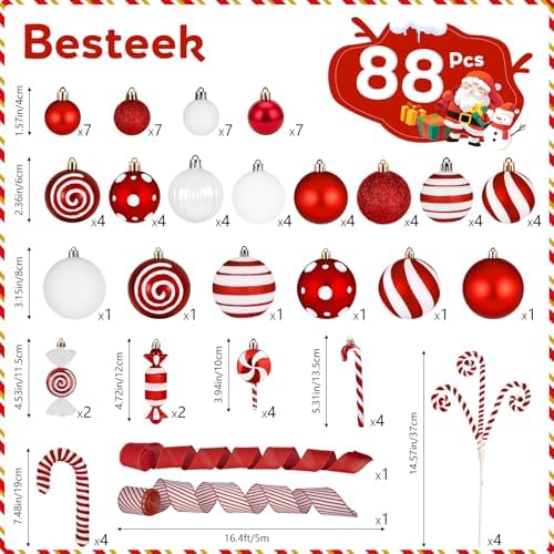 88 Pcs Candy Cane Red and White Christmas Tree Ornaments Set