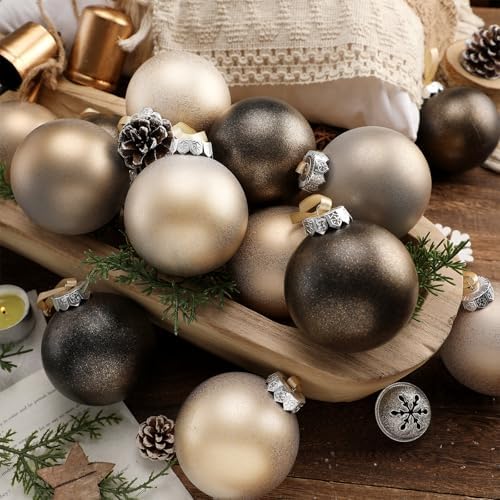 Yunlly 12 Pcs Neutral Christmas Ornament, Bronze Champagne Gold, 3.15''