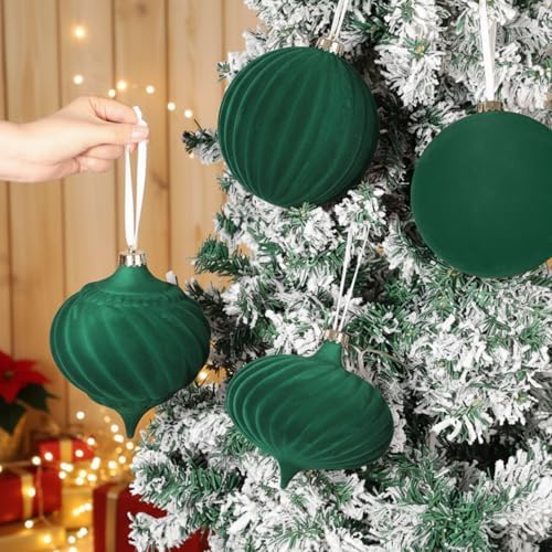 Civaner Large Velvet Christmas Ball Ornaments Vintage Christmas Plastic Ball Ornaments Flocked Xmas Tree Hanging Decoration for Xmas Party Decor(6 Inch,Green,4 Pcs)