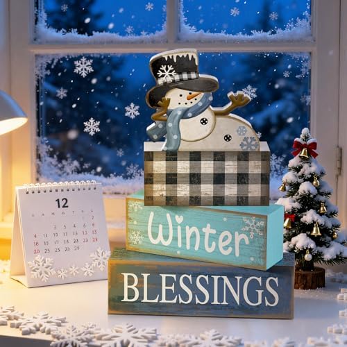 Moucuny 4 Pcs Winter Snowman Wooden Signs Farmhouse Tiered Tray Decor
