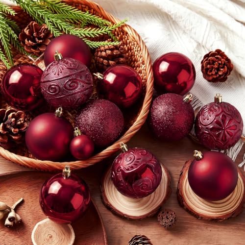 100 Pcs Burgundy Christmas Ball Ornaments for Tree, 6 Styles in 4 Sizes