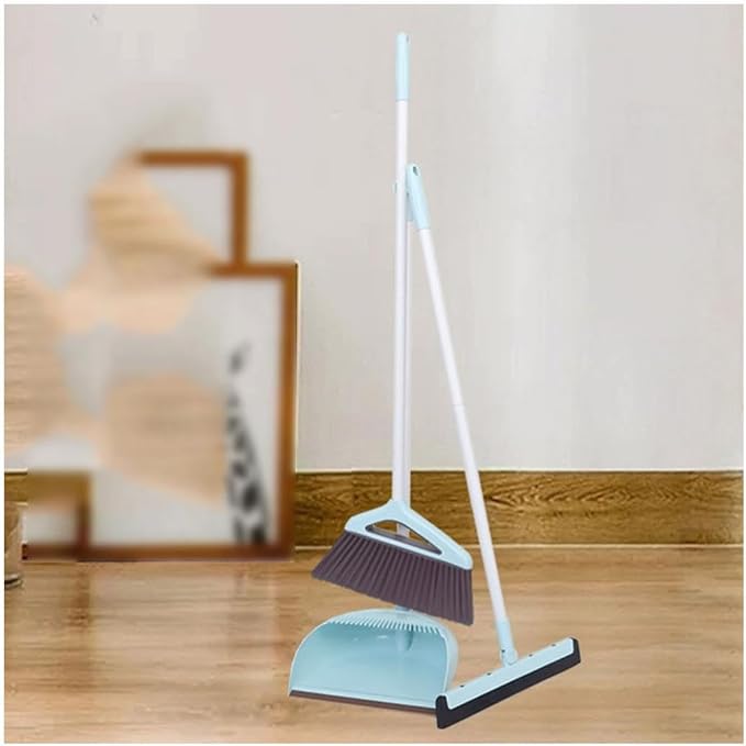 Modern Standing Dustpan and Broom Set for Home Self-Cleaning with Dustpan Teeth and Broom Long Handled Convenient, B Blue 3 Pcs