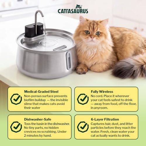 Cattasaurus Wireless 304 Stainless Steel Cat Water Fountain with Filtration, Automatic Water Dispenser for Cats, 135oz Large Capacity, Dishwasher Safe (Silvery, Fountain + 2 Filters (2-Week Supply))
