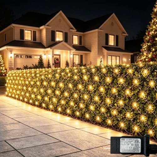 Lovelite 610LED Net Lights, 34.5ft x 5ft Christmas Net Lights Outdoor 8 Modes, Waterproof Connectable String Lights Green Wire Plug in for Bushes Xmas Tree Garden Holiday Party Decor - Warm White