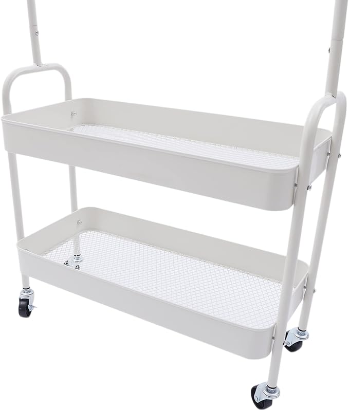 Clothing Rack, Portable Hanging Storage Organizer Garment Rack Clothing Racks with 2 Tier Basket Floor Standing Clothing Rack with Wheels for Home Bedroom Laundry (White)