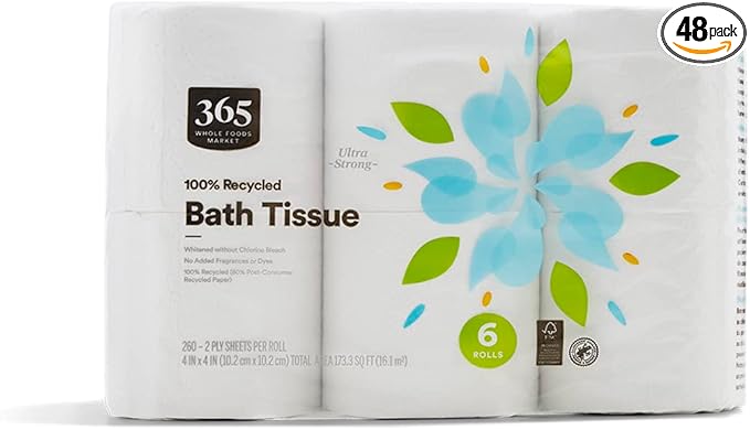 365 by Whole Foods Market,100% Recycled Bath Tissue,Ultra-Strong,260 Sheets per Roll,6 Count (Pack of 8)