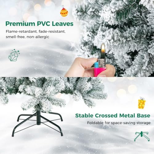 HAPPYGRILL 6 Feet Flocked Christmas Tree Artificial Xmas Tree with 600 PVC Branch Tips, Hinged Xmas Tree Life-Like Seasonal Holiday Tree for Home Office