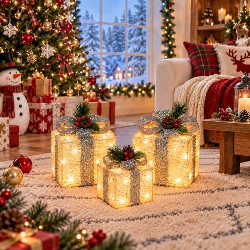 Set of 3 Lighted Gift Boxes, Warm White Indoor Christmas Decor