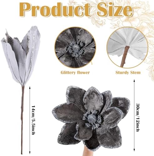Thiccywoov 8 Pack Large 12'' Christmas Velvet Magnolia Flowers, Grey