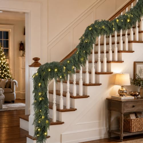 9FT Cedar Christmas Garland with Lights Realistic Prelit Pine Garland Decor