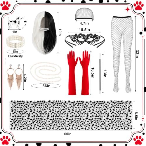 10 Pcs Black White Spotted Villain Costume for Women, Dalmatian Shawl Set