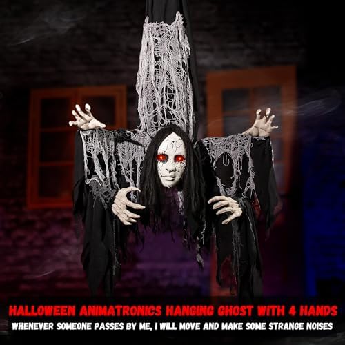 Halloween Animatronics Decorations Hanging Ghost with 4 Hands, 67'' Animated Spooky Zombie Ghosts with Creepy Sounds, Lighted Eyes, Scary Move, Haunted House Props Decor for Indoor Outdoor Yard Lawn