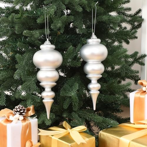 Soulchen 2 Pcs 12" Large Christmas Finial Drop Ornaments, Silver, Matte