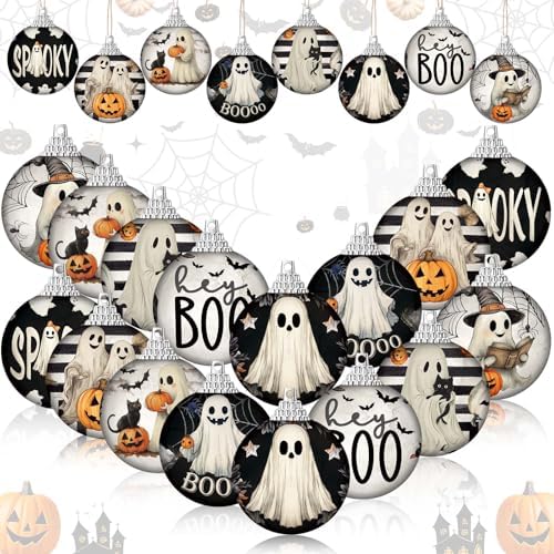 Outus 16 Pcs Halloween Ornaments for Tree Boo Ghost Halloween Ball Hanging Decorations Ghost Vintage Decorative Mini Ball Ornaments Set for Farmhouse Home Indoor Fireplace Holiday Party Favors