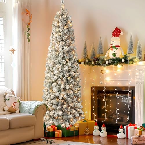 SHareconn 4ft Prelit Snow Flocked Artificial Slim Pencil Christmas Tree