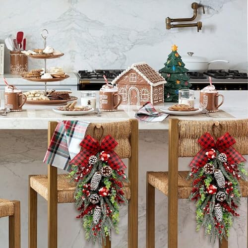 nuvagiki Christmas Teardrop Swag Decorations, Christmas Teardrop Wreath Artificial Bells Pinecones Berries Hanging Decor, Red Checked Bow Swag Decorations for Front Door Mantle Wall Indoor Home Decor