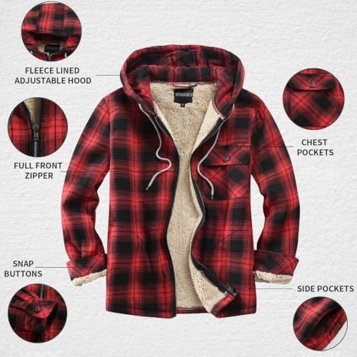 Elesuit Men's Full Zip Fleece Flannel Jacket Shirt Plaid Cotton Hoodie Coat