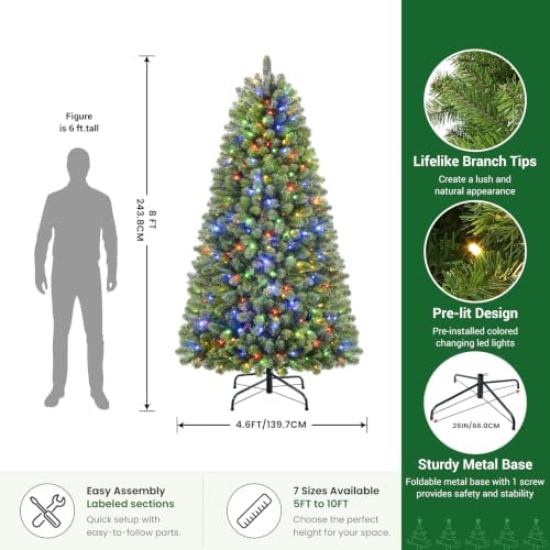 8FT Artificial Prelit Classic Christmas Tree with Remote Control,Timer