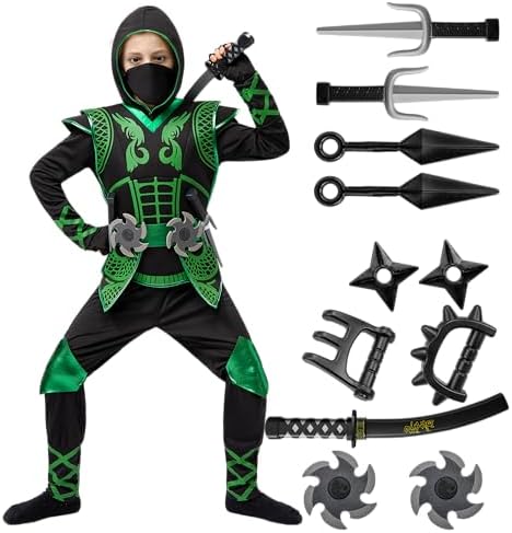 Spooktacular Creations Green Ninja Costume Set, Ninja Jumpsuit with Foam Accessories for Boys Halloween Outfit for Ideas Cosplay Party (S, 5-7 yrs)