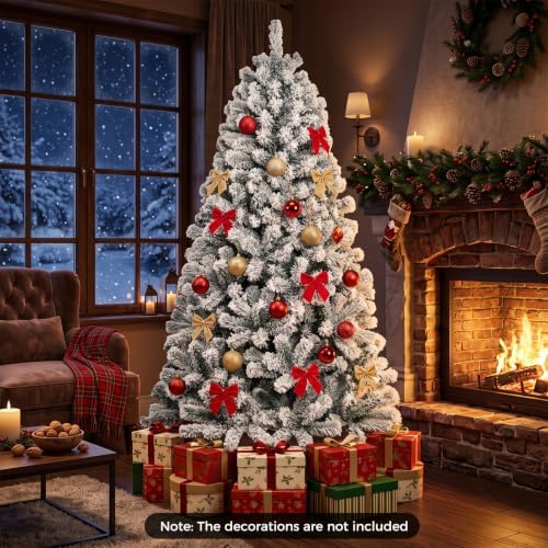 HAPPYGRILL 6 Feet Flocked Christmas Tree Artificial Xmas Tree with 600 PVC Branch Tips, Hinged Xmas Tree Life-Like Seasonal Holiday Tree for Home Office