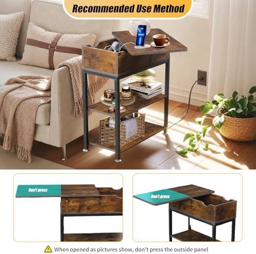 Rotating Top End Table with Charging Station, 24" W x 12" D x 27" H, Brown