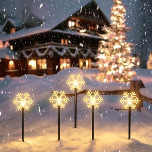 5 Pack Christmas Solar Pathway Lights, Snowflake Outdoor Decorations