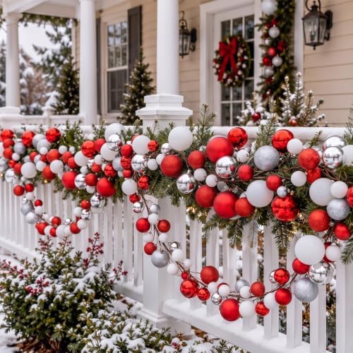 2 Pcs 9 ft Christmas Ball Ornament Garland, Red, White, Silver
