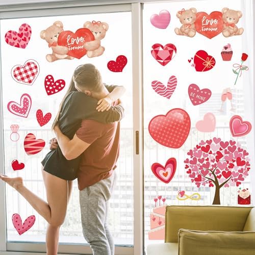 Valentines Day Decorations - Heart Window Clings for Glass | Valentines Decor Indoor Outdoor - Valentine's Day Accessories Party Favors Supplies for Home School Class Office