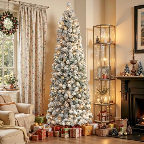 SHareconn 9ft Prelit Snow Flocked Artificial Slim Pencil Christmas Tree