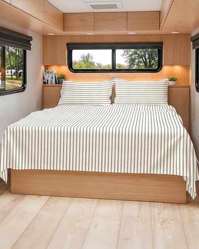 Short Queen Size 4 Piece Bed Sheet Set - RV Short Queen - Beige Stripes
