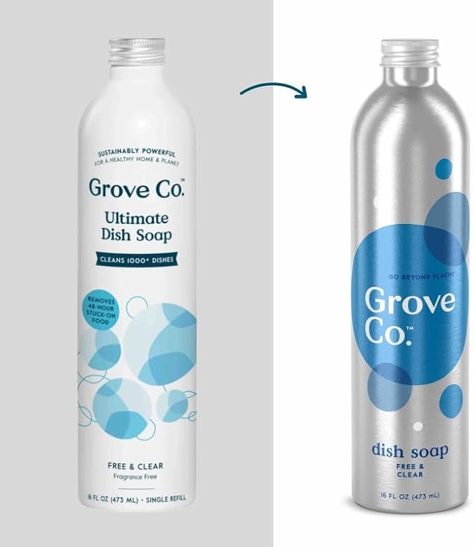 Grove Co. Ultimate Dish Soap Refill Bundle, Free & Clear Unscented, 3-Pack of 16 oz Aluminum Bottles with Reusable Glass Soap Dispenser, Plant-Based Grease-Cutting Formula