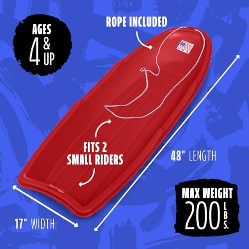 Flexible Flyer Winter Lightning Snow Sleds for Kids and Adults (Red) - 48 Inch Toboggan Style Plastic Sled with Hard Bottom for Fast, Smooth Rides - 1 or 2 Riders
