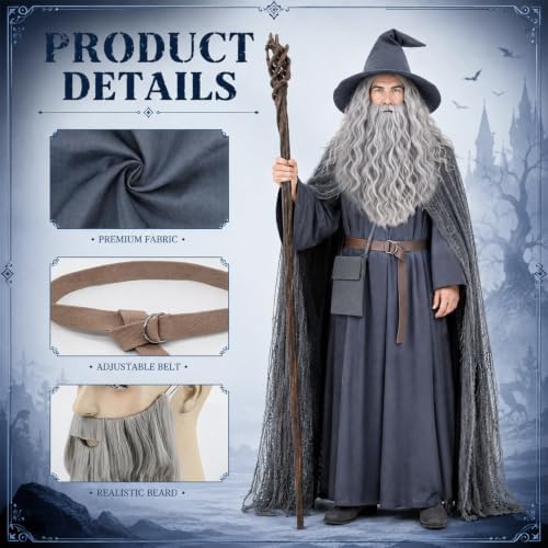 Grey Wizard Costume Set, Medieval Old Mage Fancy Dress Outfit with Hooded Cape, Long Robe, Wizard Hat, Wig & Beard, Belt and Crossbody Bag, Halloween Cosplay Party Dress-up Supplies for Men