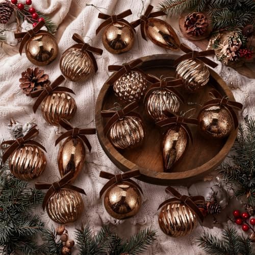 Syhood 18 Pcs Brown Christmas Mercury Glass Balls Ornaments, 6 Styles